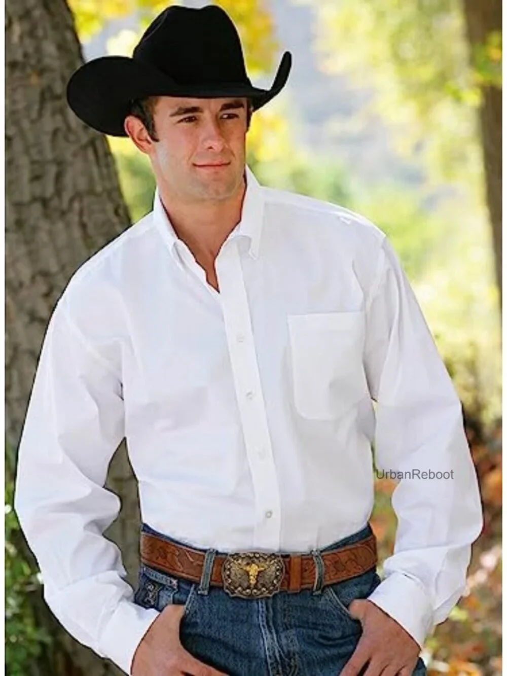Western PU-Leather Cowboy Belt with Engraved Floral Longhorn Bull Buckle Unisex